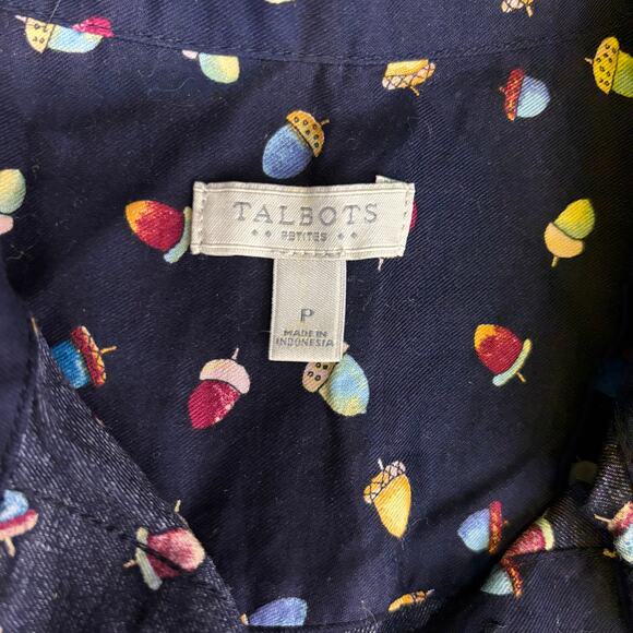 Talbots Button Up Navy All Over Acorn Print Shirt Blouse Teachercore Size P - Picture 9 of 9